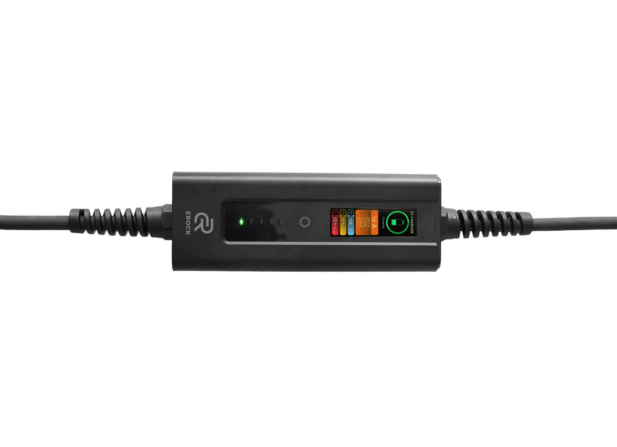 EROCK Pro Mobiele Lader LCD Zwart Type 2 naar Schuko - Uitgesteld laden en Memory functie - EV Plug Europa