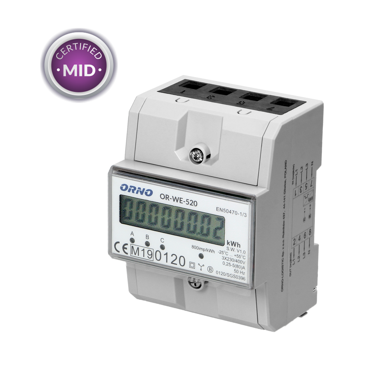 3 Fase kWh Meter - Digitale LCD scherm - MID Gecertificeerd - EV Plug Europa