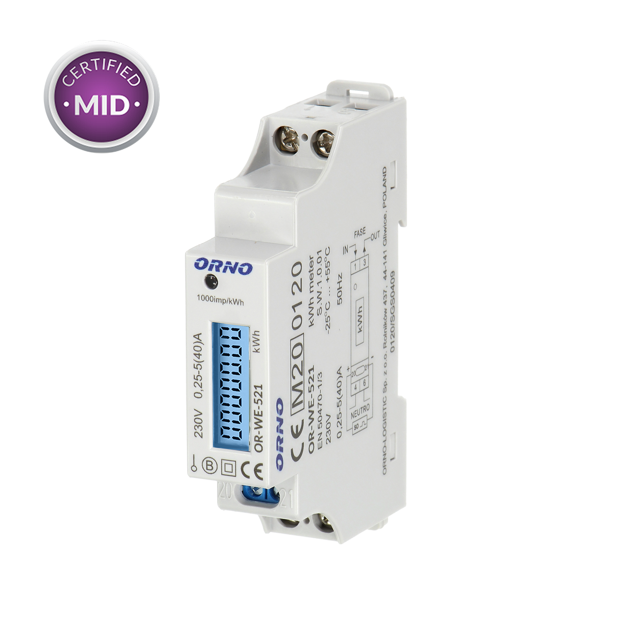 1 Fase kWh Meter - Digitale LCD scherm - MID Gecertificeerd - EV Plug Europa
