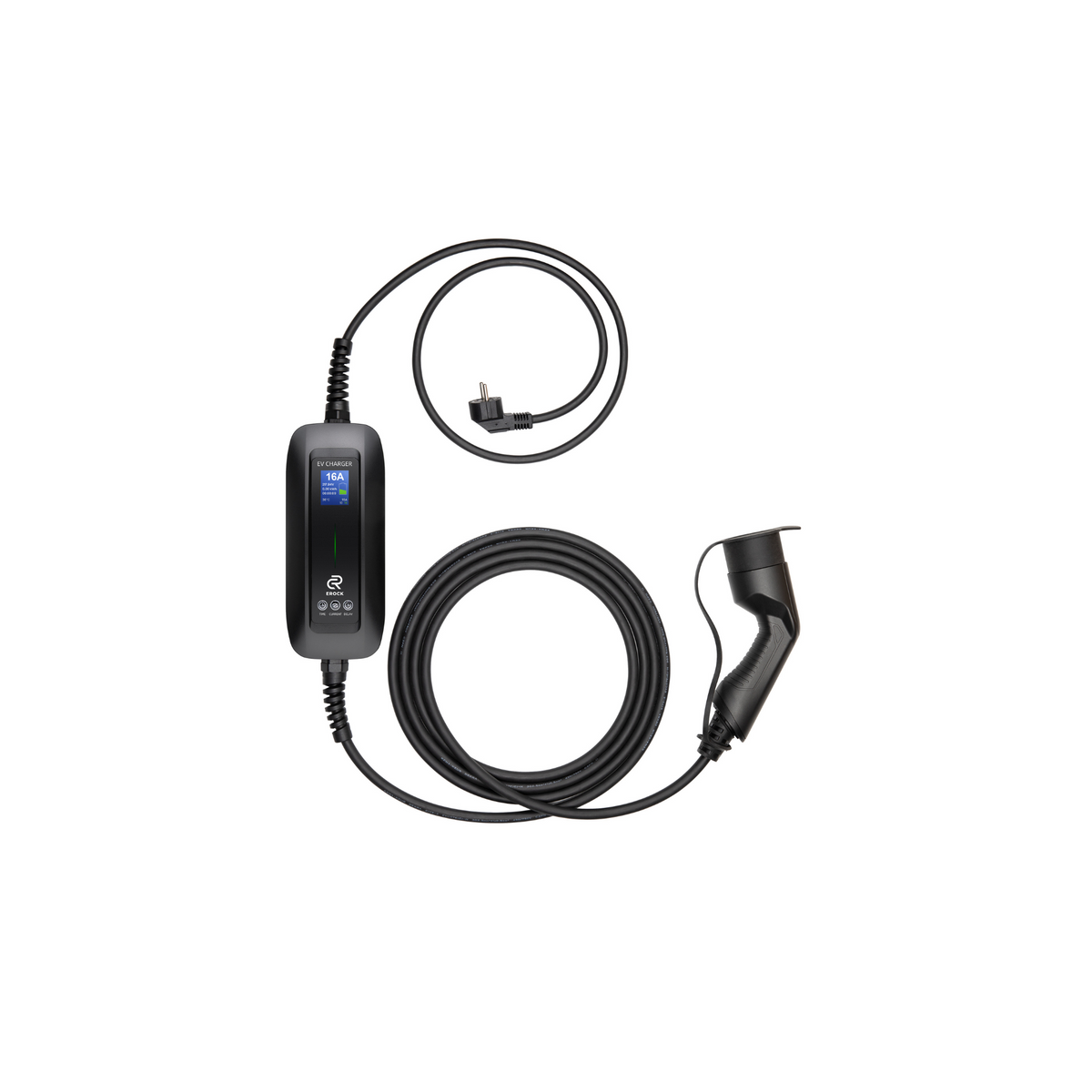 EROCK Mobiele Lader met LCD, Uitgesteld Laden en Smart Start - Type 2 naar Schuko - Max 16A - EV Plug Europa